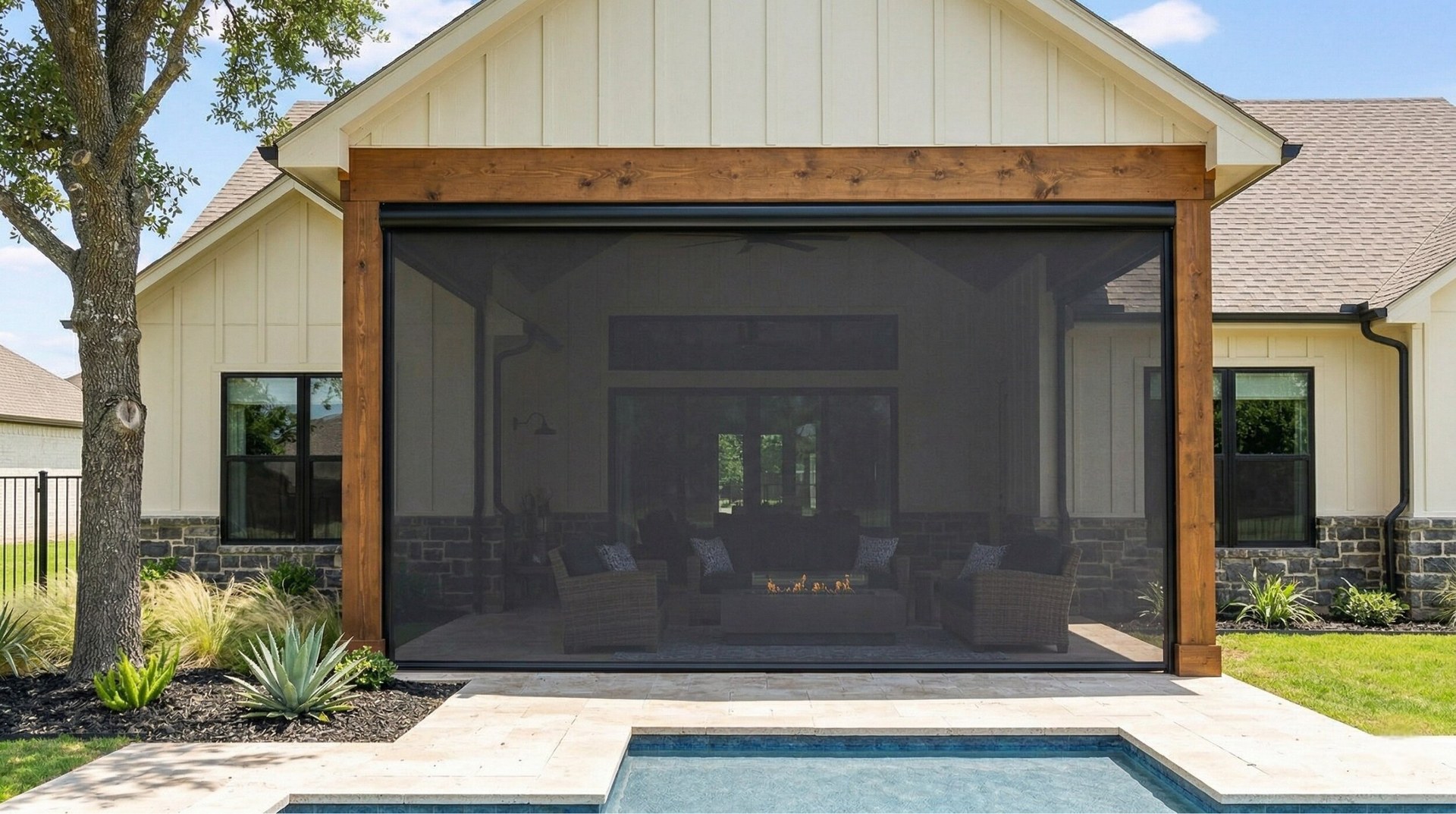 Trophy Club pergola enclosed with motorized patio shades deployed