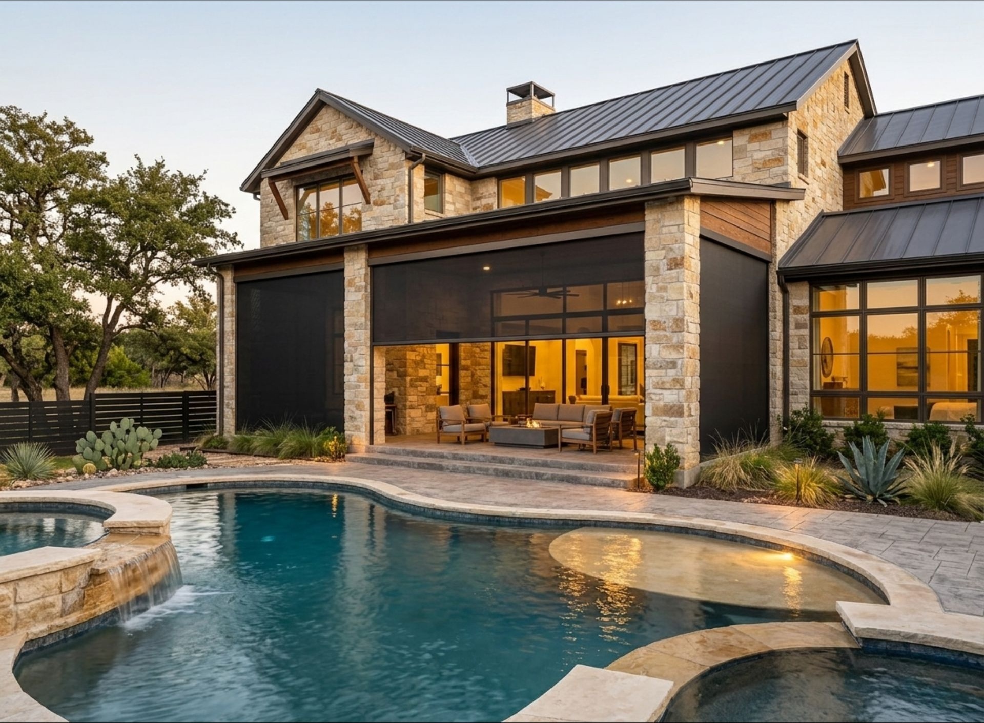 Motorized exterior patio shades installed on a DFW home