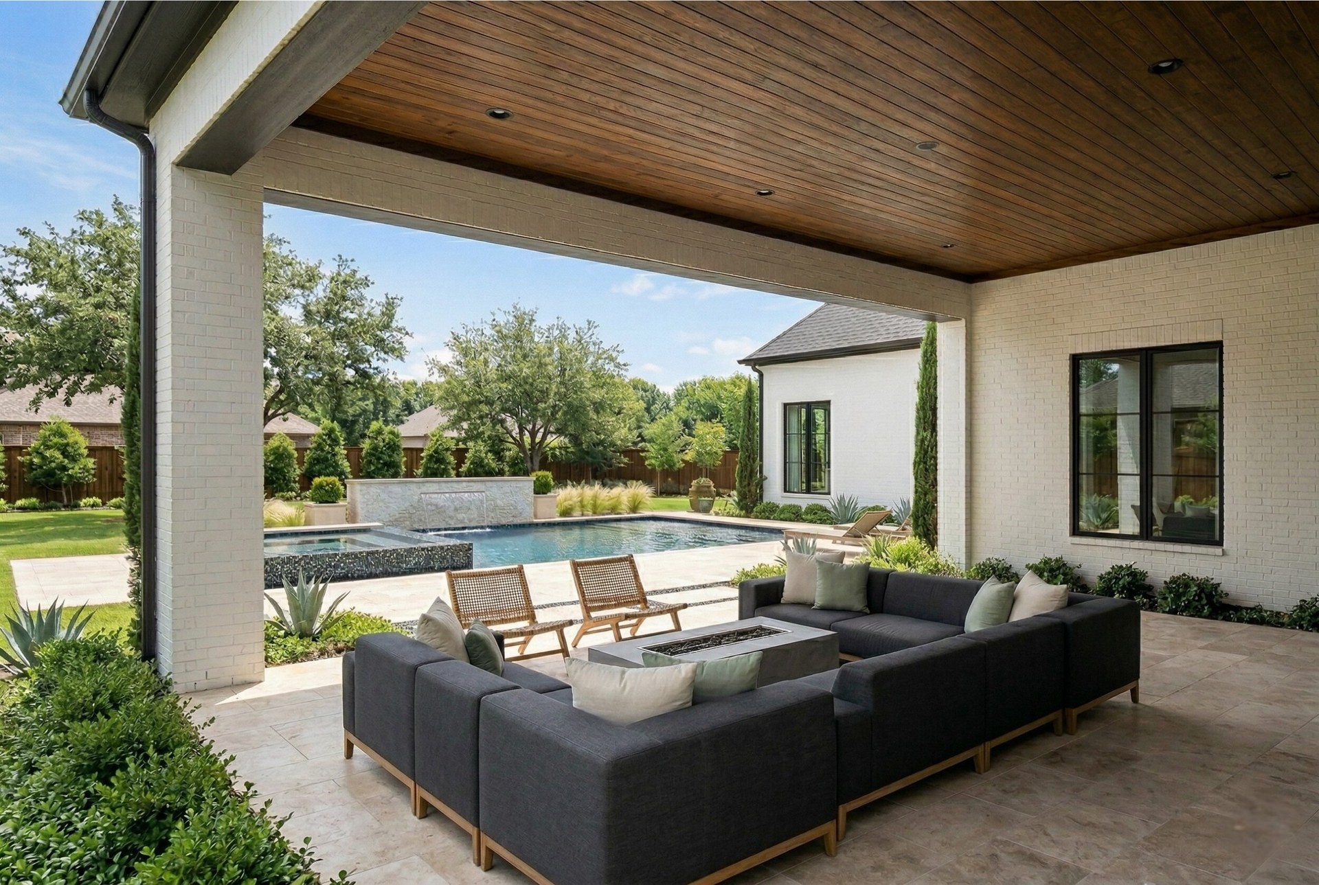 Luxury patio with pool view before motorized shade installation in Southlake, Texas
