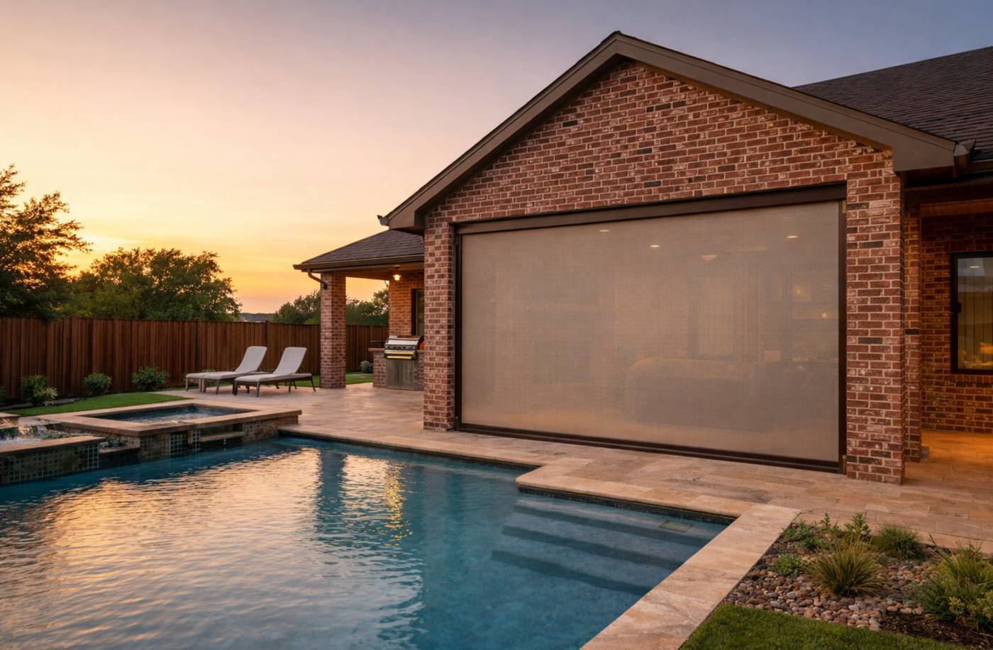 Motorized patio shade on DFW home at sunset